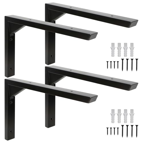 Terafeels L字型 吊り棚金具, 棚受けブラケット, 目立たない 棚補強用 ビス付属 アイアン製 ,棚うけ 金具 l字金具 (黒 4本 25cm)