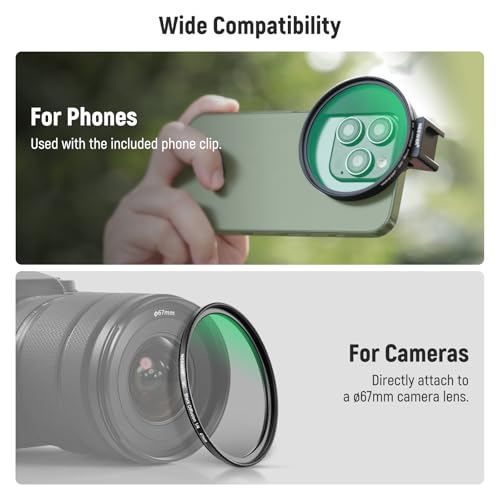 Image of NEEWER 67mm 1 /4 Black Diffusion Filter & Cold Shoe Phone Clip, Includes Carrying Pouch and Lens Cleaning Cloth, Compatible With Galaxy S24 Series iPhone 15 Pro Max 14 13