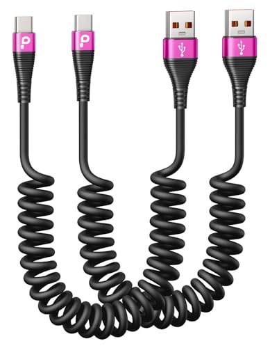 USB A to USB C Cable for Car, 2Pack 3FT Coiled USB C Cable Fast Charging, USB Type C Charging Cord Compatible with iPhone 17/16/15 Pro Max/Samsung Galaxy S20 S10 and More USB C Devices-Rose Red