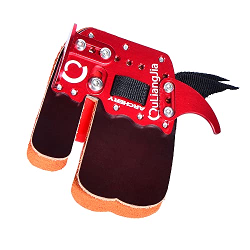 ZSHJGJR Archery Finger Tab Genuine Leather+Aluminum Adjustable Finger Protector Right Hand for Recurve Bows Hunting Shooting (Medium, Red)