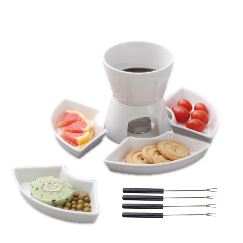 Fondue Pot Set with 4 Forks and 4 Dishes Premium Ceramic Pot Melt Hot Pot Bowl Set 300ML for Chocolate,Chesse for Family,Friendly,Party