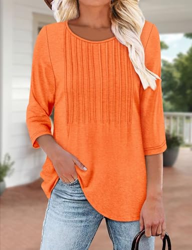 KISSMODA Tunic Tops for Women Loose Fit Dressy Round Neck Pleated 3/4 Length Sleeve Spring Tops