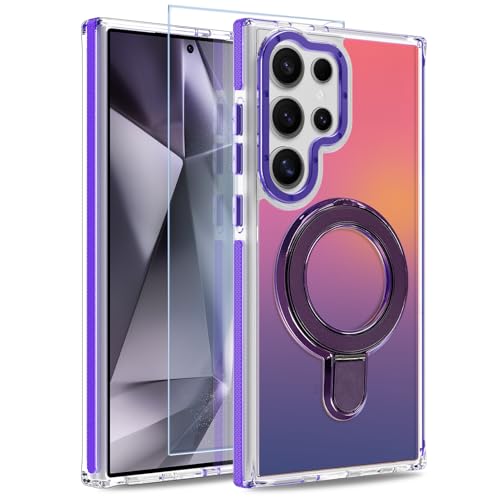 Image of Magnetic for Samsung Galaxy S24 Ultra Case with Stand [Compatible with Magsafe] [Cute Fluorescent Design] [1 Screen Protector] Slim Translucent Matte Case for Galaxy S24 Ultra 6.8 inch, Purple