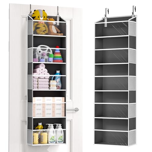 Image of ULG 1-Pack Over Door Organizer with 5 Large Pockets 10 Mesh Side Pockets, 44 lbs Weight Capacity Hanging Storage Organizer with Clear Window for Bedroom Bathroom, RV, Clear Dark Grey