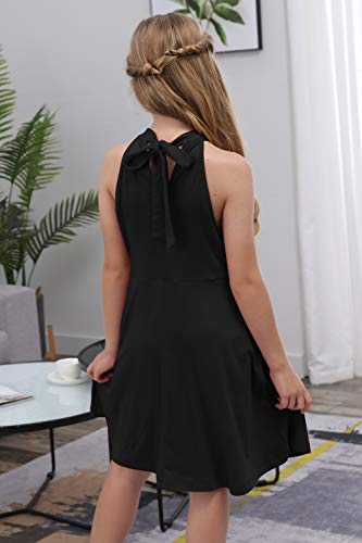 GORLYA Girl's Halter Neck Cold Shoulder Sleeveless Summer Casual Sundress A-line Dress with Pockets for 4-12 Years2