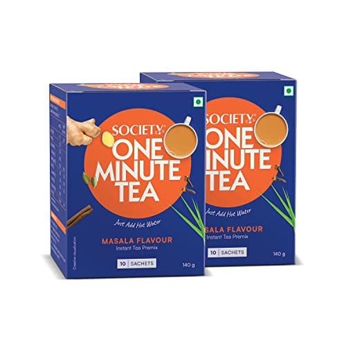 Image of Society One Minute Tea | Masala Flavour | Made With Ginger, Clove, Black Pepper, Cinnamon | Masala Chai | Flavoured Instant Tea | 14G X 10 Sachets | Pack Of 2, 14 grams