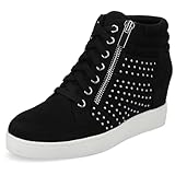Journee Womens Clarity Wedge Sneaker faux fur faux leather lace up outside zipper round toe Comfort System Insole Black/Stud, 11