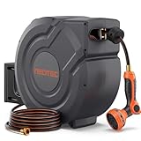 Upgraded Retractable Garden Hose Reel 5/8 inch x 100 ft Any Length Lock 9 Pattern Nozzle Wall-Mounted Automatic Slow Return 180° Swivel UV Resistant Heavy Duty Hose Reels for Outside