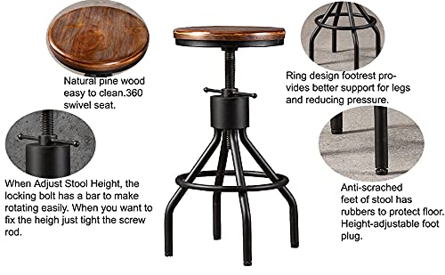 Lokkhan Set Of 2 Industrial Bar Stool-Height Adjustable Swivel Wood And Metal Bar Stool,Farmhouse Stool,Extra Tall Pub Height,23"-30" #TOP7