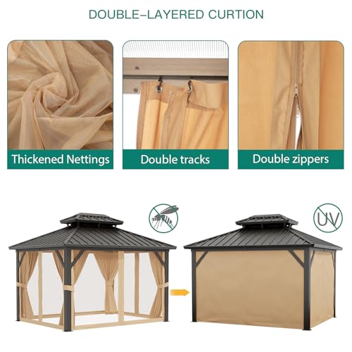 10x12ft Double Roof Hardtop Gazebo, Heavy Duty Galvanised Steel Hardtop Pavilion with Nettings and Curtains, Metal Roof Gazebo for Patio, Terrace, Lawn and Deck, Brown
