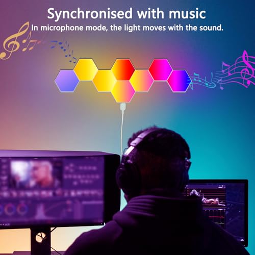 Image of RGB Hexagon Wall Lights, 12 Pack Smart LED Panel Lights with App & Remote, Music Sync, DIY Shapes for Living Room, Bedroom, Gaming Room