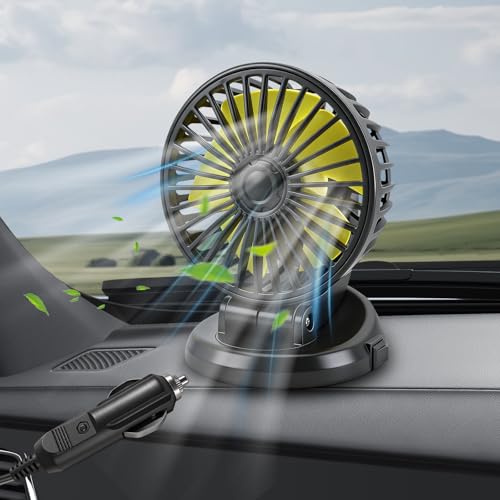 Ventilateur de voiture 12 V, ventilateur à tête unique rotatif à 360° avec allume-cigare, ventilateur de refroidissement silencieux à flux d'air puissant...