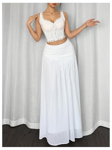 Women's Ruched Ruffle Layered Maxi Skirts Elegant Sheer Mesh Flowy Vacation A Line Long Skirt3