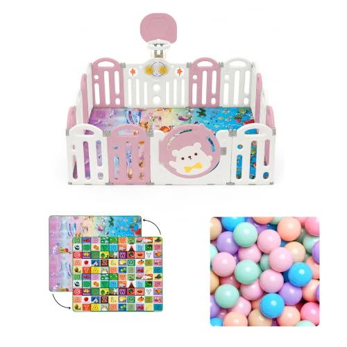 Image of Kids Station Bear Design Baby Play Yard with Playmat, Basketball Hoop & 20 Colourful Balls, Safe Playpen for Infants & Toddlers 150 x 180, Anti-Slip, Foldable Mesh Fence (Pink)