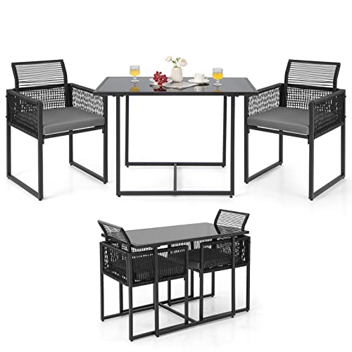 GYMAX Table Jardin Extérieur avec 2 Chaises, Salon Jardin Extérieur 2 Personnes en Rotin, avec Coussins, Dossiers Rabattables, Table en Verre, Ensemble de...