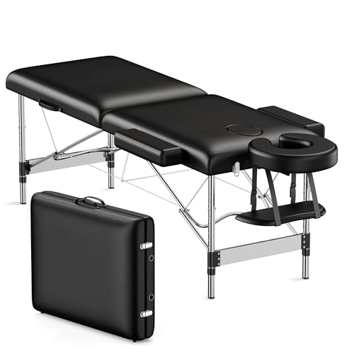 Brelley Massage Table Portable, 2-Fold Lash Bed with Side Pocket, Adjustable Height, Sturdy Aluminum Frame, Esthetician Spa Facial Tattoo Bed with Face Cradle & Carrying Bag, Black