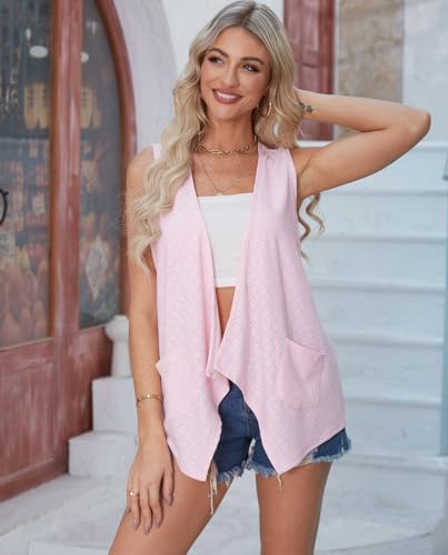Image of jinghuiyue Women's Lightweight Cardigan Summer Hollow Out Sleeveless Cardigan High Low Hem Draped Open Front Vest with Pocket