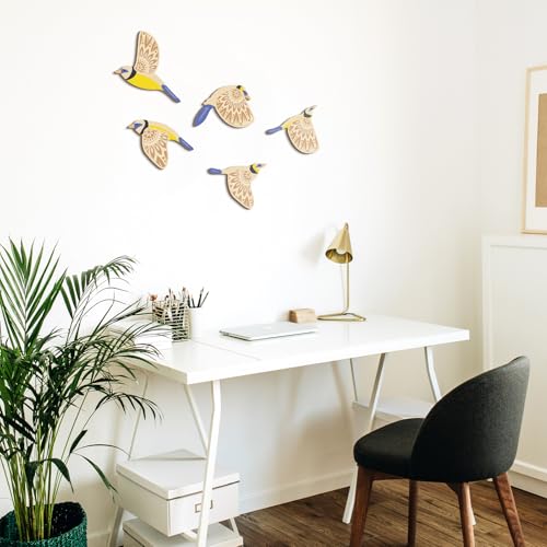 Barydat 5 Pcs Wooden Bird Wall Art Wood Flying Birds Wall Decor Rustic Folk Art Wall Decor Scandinavian Home Decor for Gift Bird Lover Living Room Bedroom Kitchen Office (Blue)