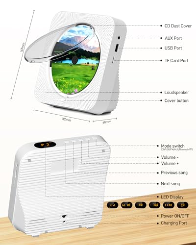 Image of MICOCIOUS CD Player With Speakers Bluetooth Desktop for Home Kpop Music With LED Screen FM Radio Remote Control Timer Support AUX USB TF Card Playback