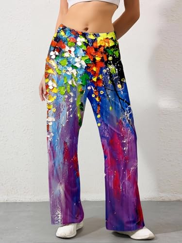 Women Colorful Graphic Print Wide Leg Pants Casual Watercolor Lounge (Multicolor, XXL)