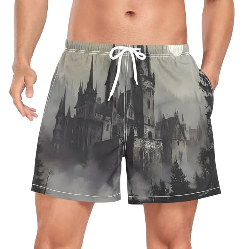Mens Swim Trunks with Liner, Gothic Castle Night Cool Quick Dry Beach Swim Shorts, Swimwear Bathing Suits S