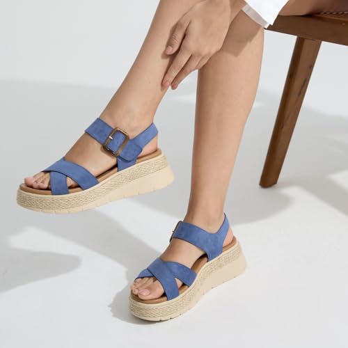 Image of UBFEN Womens Espadrille Platform Sandals Low Wedge Heel - Orthopedic Arch Support, Cushion Insole, Comfortable Dressy Buckle Sandals for Walking and Vacation