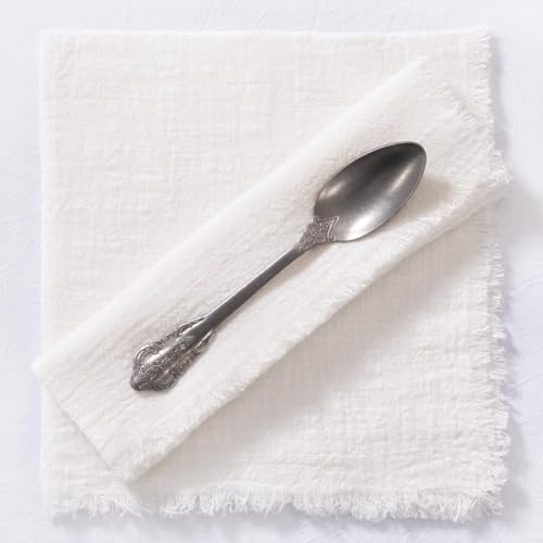 Image of MLMC 10 Pack Ivory White Cloth Napkins with Fringe Boho Linen Napkins Washable Reusable Rustic Dinner Table Decor 17 inchx17 inch for Wedding Party Bridal Baby Shower Home Decor