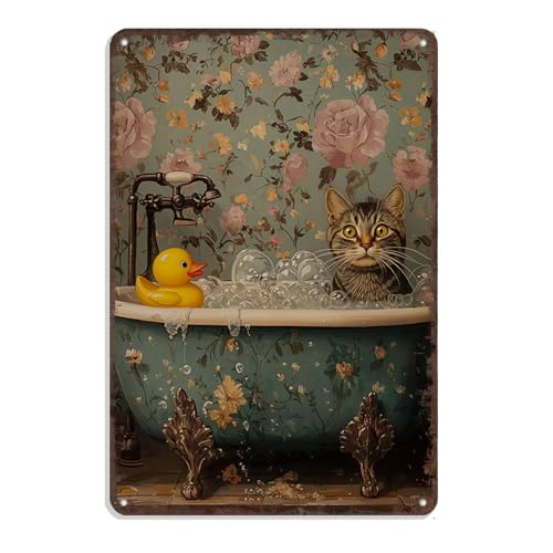 Retro Gray Tabby Cat In Bathtub Metal Tin Sign - Cat Bathroom Vintage Animal Bathroom Sign Cute Home Poster Tin Plaque For Restroom Toilet Wall Decor 8x12in