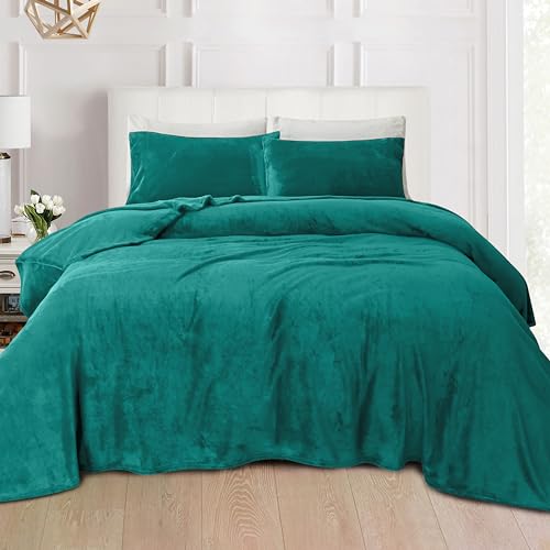 Elegant Comfort Luxuriously Soft 4-Piece Velvet Plush Flannel Sheet Set - Premium Quality - Cozy Warm, Anti-Static, Non Pilling Fuzzy Velvet Flannel Fleece Deep Pocket Sheet Set - Twin XL, Turquoise