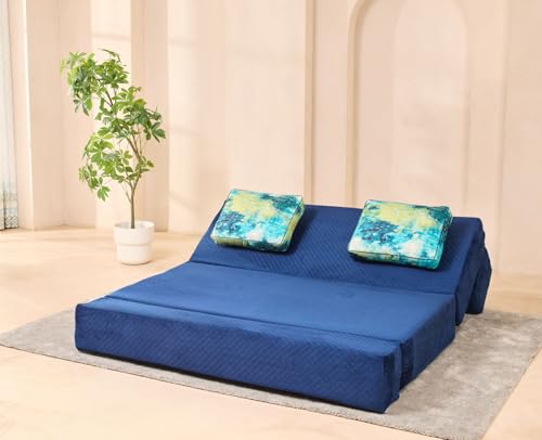 Image of uberlyfe Xtra High, Xtra Soft 3 Seater (5' x 6') Sofa Cum Bed | 1 Year Warranty | 17 inch Sofa Height | Queen Size Foldable Bed | Plush Laser Quilted Fabric |2 Cushions Ocean Hues Pattern| Deep Blue Color