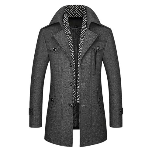 Image of INVACHI Men's Wool Blend Coat Warm Winter Trench Coat with Detachable Soft Scarf Single Breasted Pea Coat
