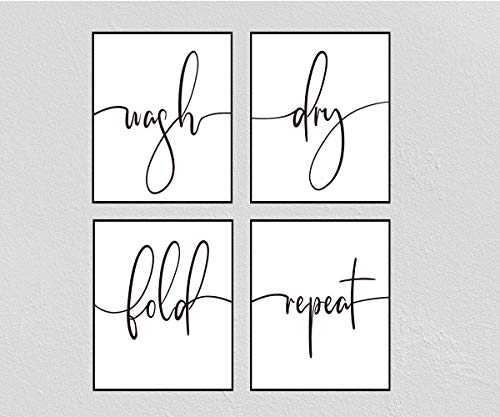 Laundry Signs Set of 4 - Wash Dry Fold Repeat - Modern Calligraphy - 8x10 Prints (Unframed) - Laundry Room Decor