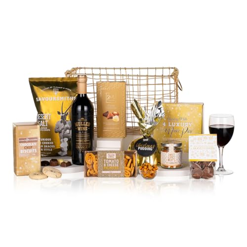 Virginia Hayward Hamper, SEASON’S SPLENDOUR HAMPER – Luxurious festive gift basket featuring mulled wine, Christmas pudding, chocolates, savoury snacks & more.