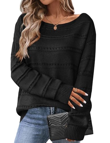 Zeagoo Womens Sweaters Cute Long Sleeve Off The Shoulder Pullover Tops Hollow Out Crochet Dressy Casual Outfits A-Black