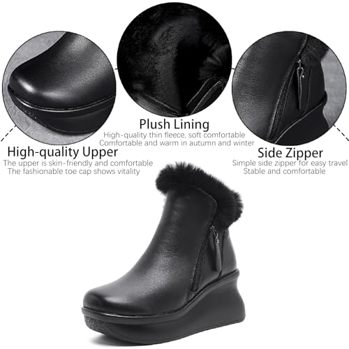Women's Genuine Leather Platform Wedge Ankle Boots with Side Zipper Warm Fur Lined Fashion Comfortable Round Toe High Heel Snow Boots Winter Outdoor Walking Dress Bootie3