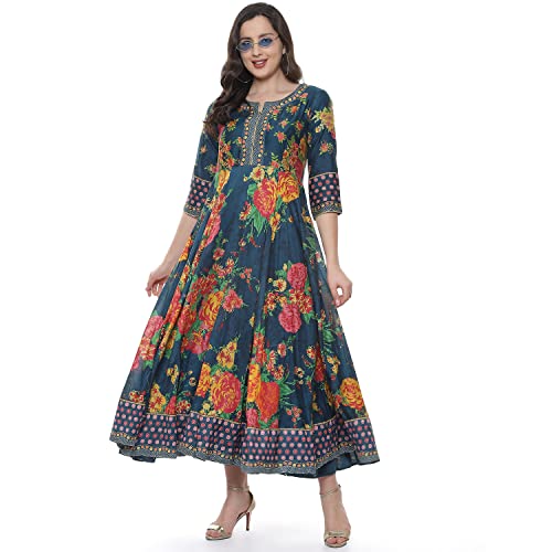 Image of BIBA Women's Fit and Flare Cotton Flared Fusion Printed Below The Knee Dress