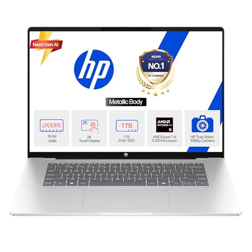 Image of HP Omnibook 5 (Previously Pavilion), AMD Ryzen AI 5 340 (16GB LPDDR5x, 1TB SSD), 2k (1920 x 1200), Touch, 16'' /40.6cm, Win11, M365* Office24, Silver, 1.79kg, ag1045au, FHD Camera, Backlit Laptop