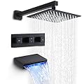 SKOWLL Rainfall Bathroom Shower System Rain Shower Head with Tub Spout, Wall Mounted Shower Faucet Set for Bathroom with 10 Inch Rain Shower Head, 3 Handle Shower System, Matte Black
