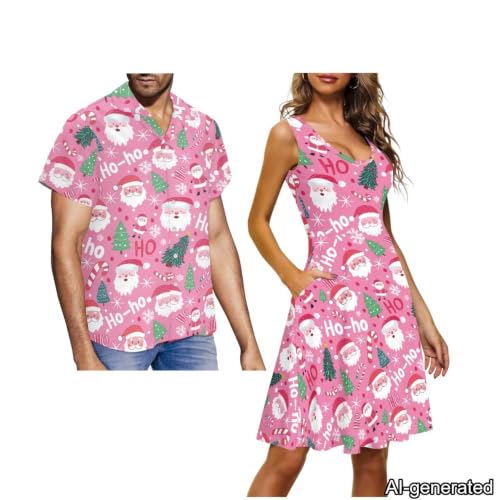 Image of Dreaweet Summer Dresses for Women A-Line Sleeveless Flowy Sun Dresses,Men's Casual Button-Down Shirts,Couple Matching Outfits