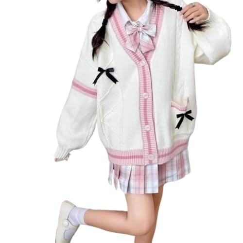 Preppy Kawaii Cute Cardigan Sweater for Teen Girls Women with Pastel Bows Loose-Fit Knitted Japanese