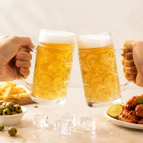 Image of WRINGO Beer Mugs Set of 2, 450ML Glass Mug with Handle, Large Big Heavy Mugs for Freezer, Multipurpose Mugs, Dishwasher & Microwave Safe (BR-05)