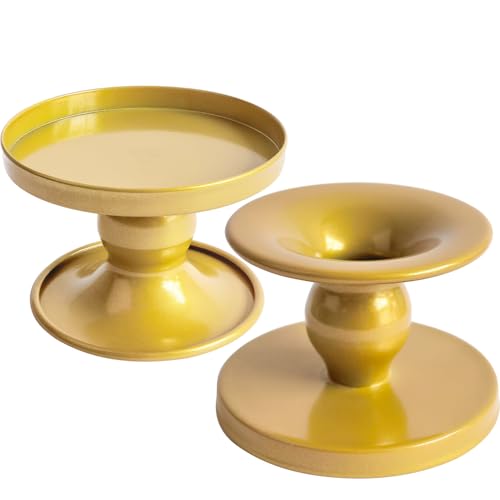 Table Gold Candle Holders – Set of 2 | Reversible Metal Candle Stand for Pillar & Taper Candles | Stylish Tabletop Candle Tray for Home Décor, Weddings & Special Occasions (Gold)