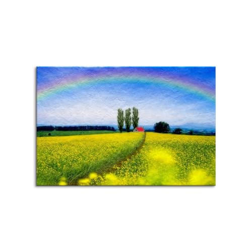 アートパネル モダン 絵写真 虹とポプラと赤い屋根 家と菜の花畑 額縁付き 絵画 インテリア 額付き 風景画 額入り フレーム おしゃれ 北欧 風水 玄関 絵 風景 油絵 壁掛け 花 花の絵 黄色 丘 木枠付きの完成品 (A,40x60cm(16x24in