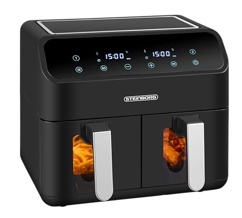 Heißluftfritteuse | 2 Kammern | Heissluftfritteuse | 4 in 1 Mini Backofen | Fritteuse | Dörrautomat | Grillen Backen Dörren Frittieren | Friteuse ohne Öl | Air Fryer | Heißluftofen | Heißluftgrill