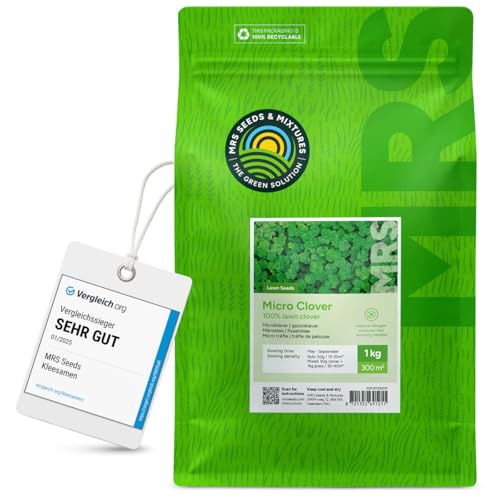Micro-trèfle - 1 kg pour 300 m² - Résistant à la sécheresse - Pelouse extra dense et verte sans mousse - Libération lente d’azote - Faible besoin en entretien