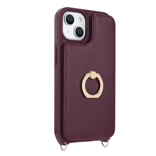 Image of for iPhone 14 Case with Card Holder and Strap for Women,Crossbody Lanyard,RFID Blocking,Stand Ring Kickstand,Snap Clasp,Phone Wallet Cases 6.1 inch(Wine Red)