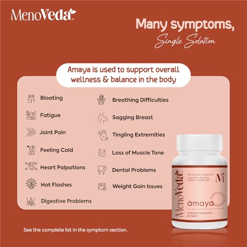 Image of Menoveda Amaya Peri & Post Menopause Supplement for Women 35+ | Ayurvedic Tablets to Support - Joint Pain, Fatigue, Bloating | Bone, Heart & Gut Health | Shatavari, Ashwagandha, Moringa