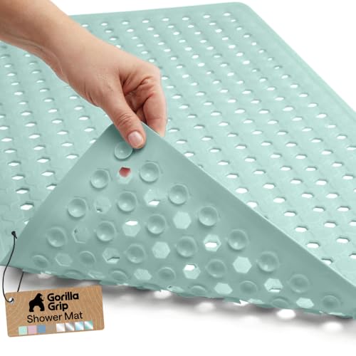 Image of GORILLA GRIP Patented Bath Tub Shower Mat, Machine Washable Bathtub Floor Liner Mats, Suction Cups and Drain Holes to Keep Tubs Clean, Soft on Feet, Bathroom Essentials, 35x16 Inch, Mint Opaque