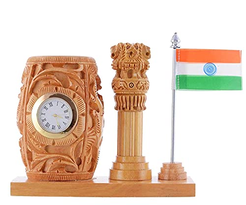 Image of Craft Trade 14x12 Cm Round Wooden Pencil Holder with Clock Ashok Stambh and Indian Flag - Brown Carved