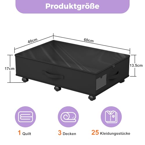 Babenest Unterbettkommode mit 6 Rollen, 2 Stück Faltbare Unterbett Aufbewahrungsbox mit Klarer Deckel Reißverschluss, Under Couch Bettkasten Schuhe, Kleidung, Spielzeug Storage Boxs (Schwarz)